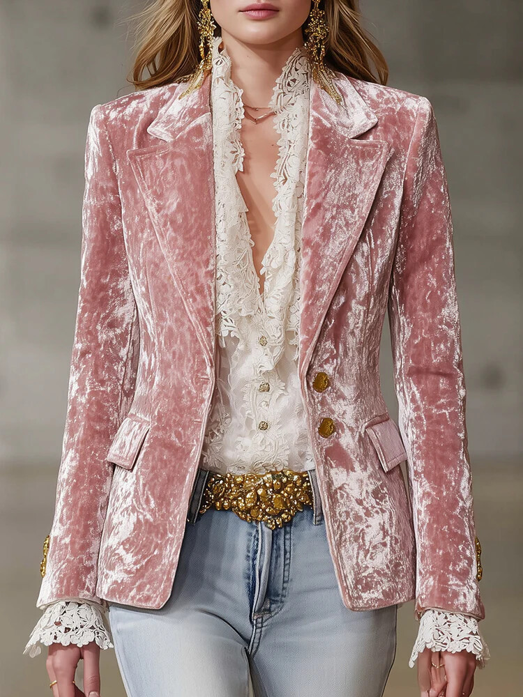 Velvet Blazer Vintage - Elegancka aksamitna marynarka damska jednorzędowa z