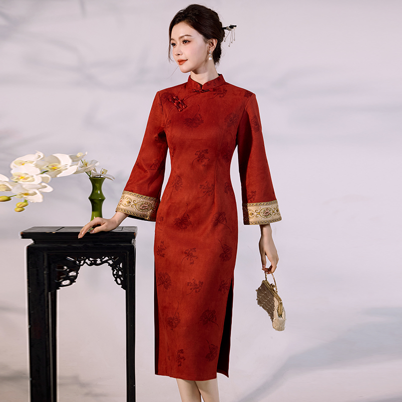 Vintage Fashion Gen Z - Luksusowa sukienka qipao z zamszu i