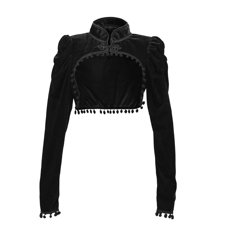 Velvet Blazer Vintage - Flanelowe frędzle stójka bardzo krótka średniowieczna